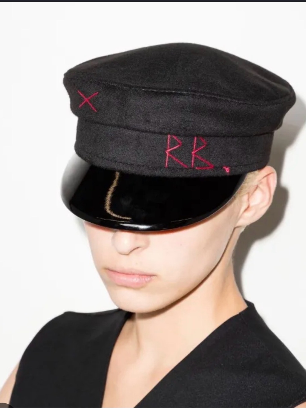 Embroidered Black Wool Captain's Cap with Red Accents